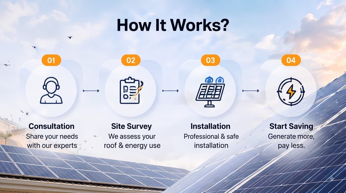 How it works: consultation, site survey, installation, start saving